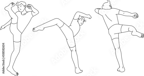 線だけで描いた回し蹴り、3ポーズ