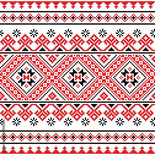 Ukrainian, Belarusian folk art vector seamless pattern with snowflakes, folk art style cross-stitch ornament - Vyshyvanka 
 photo