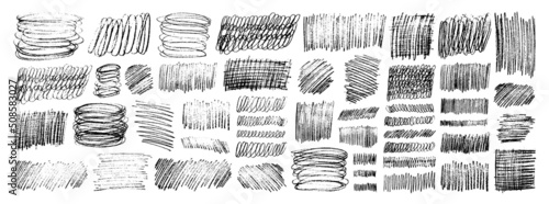 Grunge pencil sketches set. Grunge pen scribbles collection. Charcoal pencil hatches. Doodle scribbles set. Grungy textures and strokes.