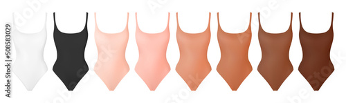 Shapewear lingerie set. Nude all skin tones. Swimming suit realistic vector. One piece swimsuits collection. Summer fashion. Mock up. Swimwear design.