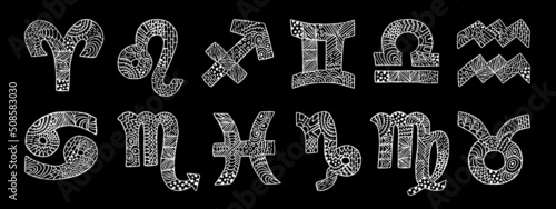 Zodiac zentangle signs. Zentangle zodiac symbols. Zentangle  astrological signs. Virgo, aquarius, libra, capricorn, aries, gemini, pisces, cancer, scorpio, leo, taurus, sagittarius.