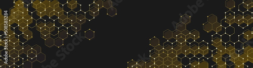 Abstract premium gold dots and hexagon technology pattern on dark background. Geometric vector hexagon shape elements for presentation or gift card. Medical, science, network, or technology design