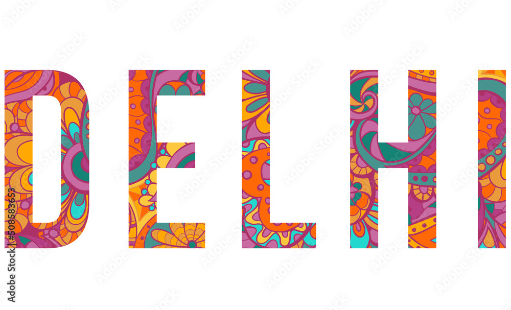 Affecting Delhi text filled with colorful doodle pattern. Paisley, floral elements filled within isolated Delhi name Affecting Delhi text filled with colorful doodle pattern. Paisley, floral elements filled within isolated Delhi name