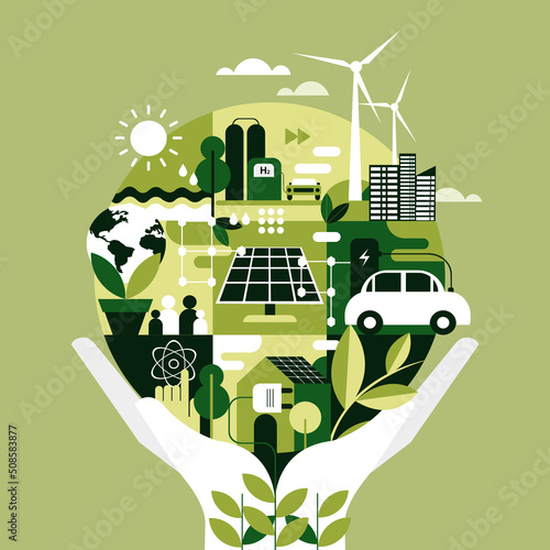 Illustration of human hands holding earth with non polluting eco friendly energy sources