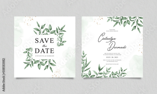 Double sided template wedding invitation with green leaves