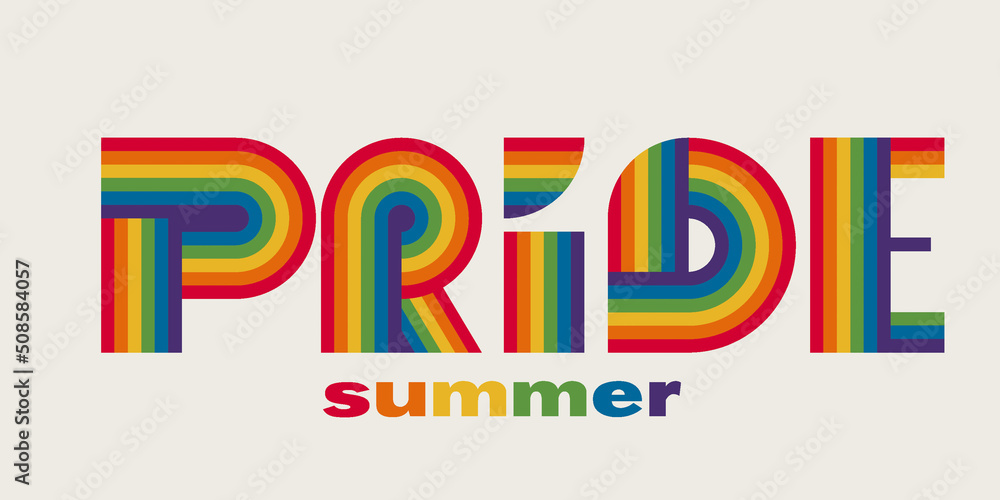 Pride word, rainbow stripes in retro 70s style. Pride word, rainbow stripes in retro 70s style.