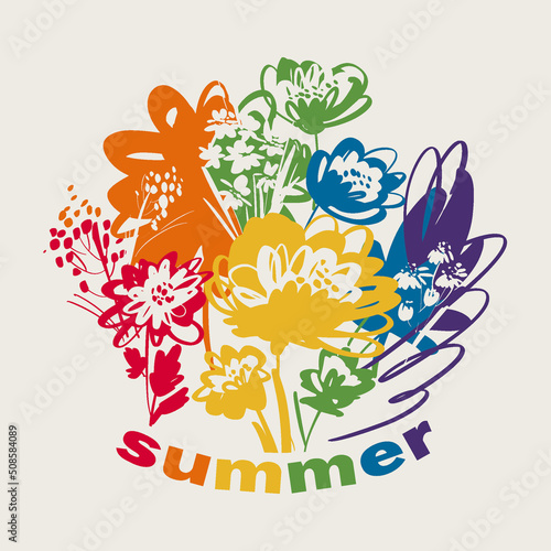 Abstract sketch summer flowers in rainbow colors