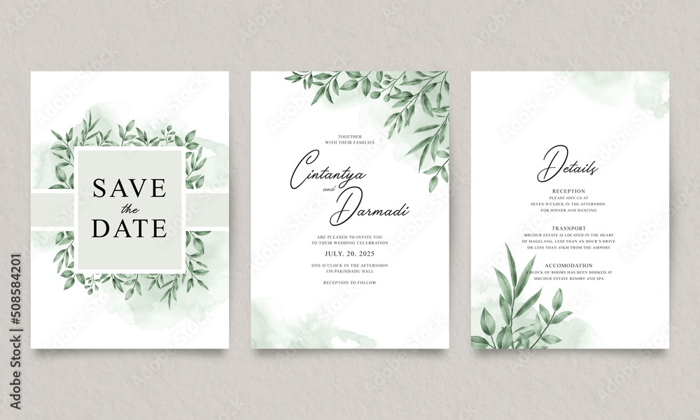 Three sided wedding invitation template set with green leaves