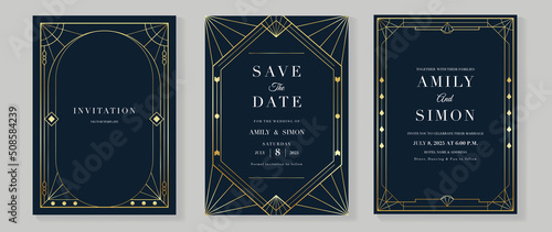Luxury geometric pattern invitation template. Set of art deco poster design with golden line, ornament, shapes, borders. Elegant card vector perfect for banner, background, wallpaper, wedding.