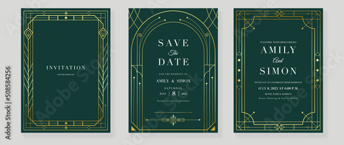Luxury geometric pattern invitation template. Set of art deco poster design with golden line, ornament, shapes, borders. Elegant card vector perfect for banner, background, wallpaper, wedding.