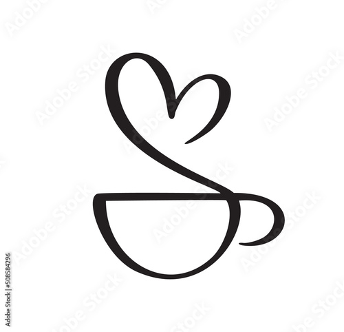 Vector calligraphy coffee or tea cup with steam of heart. Black and white calligraphic illustration. hand drawn design for logo, icon cafe, menu, textile material