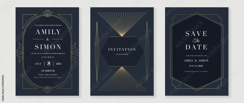 Luxury geometric pattern invitation template. Set of art deco poster design with golden line, ornament, shapes, borders. Elegant card vector perfect for banner, background, wallpaper, wedding. - obrazy, fototapety, plakaty 