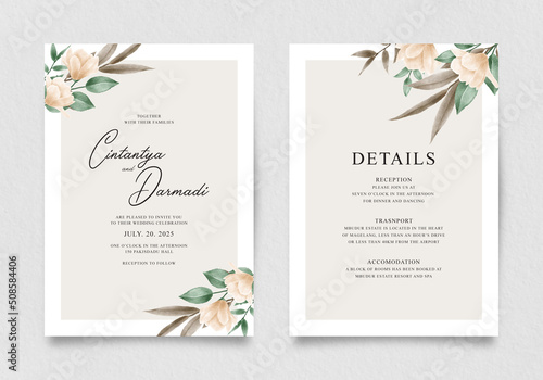 Wedding invitation double sided template set with yellow flowers and leaves