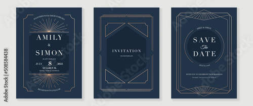 Luxury geometric pattern invitation template. Set of art deco poster design with golden line, ornament, shapes, borders. Elegant card vector perfect for banner, background, wallpaper, wedding.