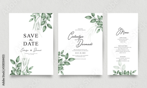 Wedding invitation template set with elegant green leaves