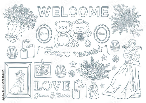 ウェルカムアイテムの線画イラスト. 結婚式のイラスト素材セット. ウェディンググッツ. 手描き.