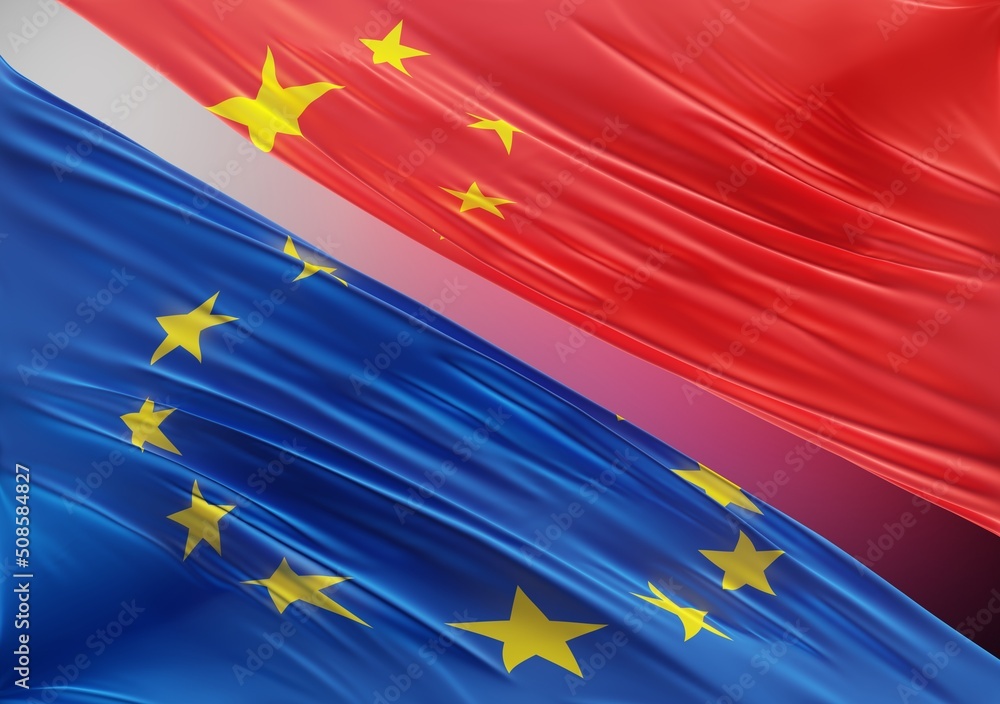China Flag with Abstract Europe Flag Illustration 3D Rendering (3D Artwork) China Flag with Abstract Europe Flag Illustration 3D Rendering (3D Artwork)
