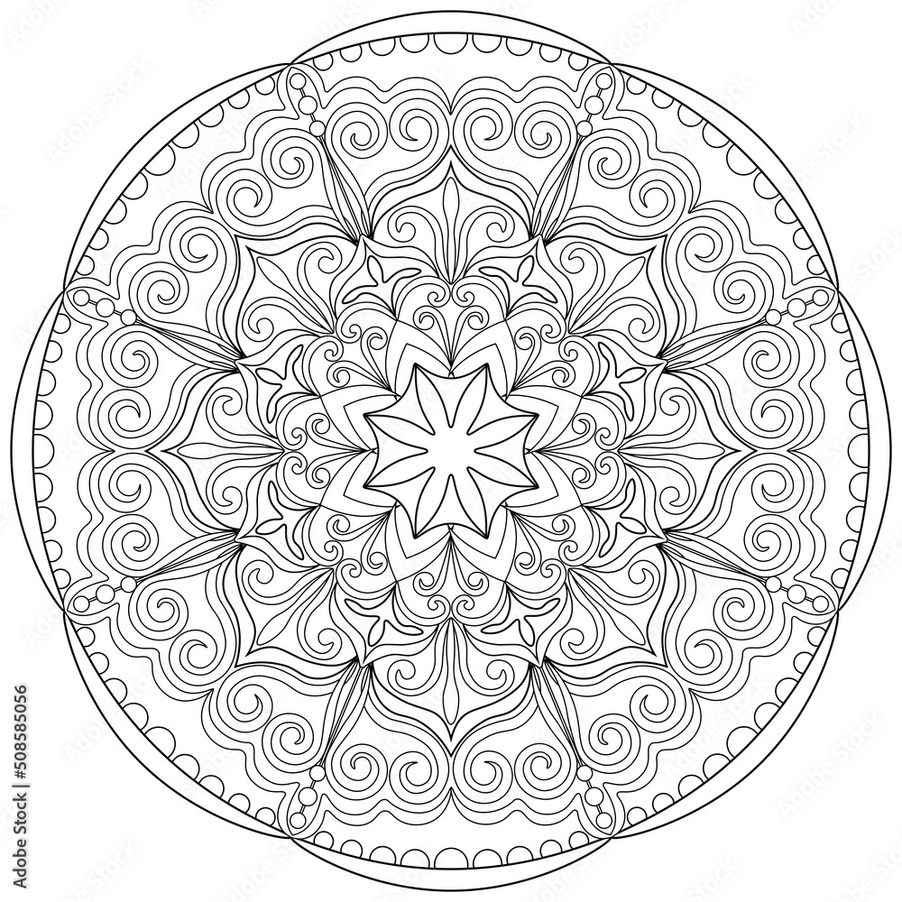 Colouring page, vector, hand drawn. Mandala 36, ethnic pattern, object isolated on white background.