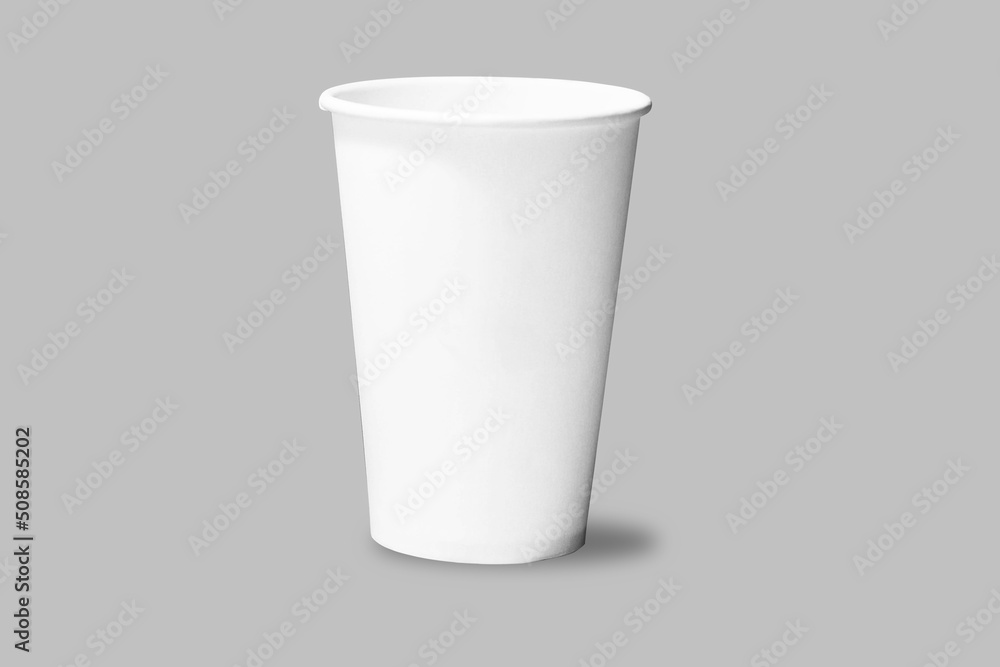 Empty blank white coffee or tea paper cup mock-up without lid isolated on a grey background. 3d rendering. eco friendly. Empty blank white coffee or tea paper cup mock-up without lid isolated on a grey background. 3d rendering. eco friendly.