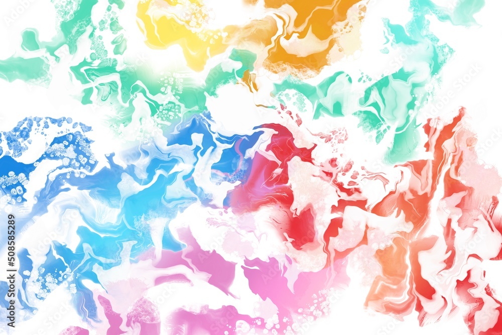 春夏用・フルイドアート抽象テンプレート）白背景にピンク・黄色・青・赤・黄色・緑の波　絵の具　アクリル