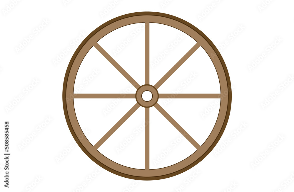 Wheel with spokes. Round brown cart and car element