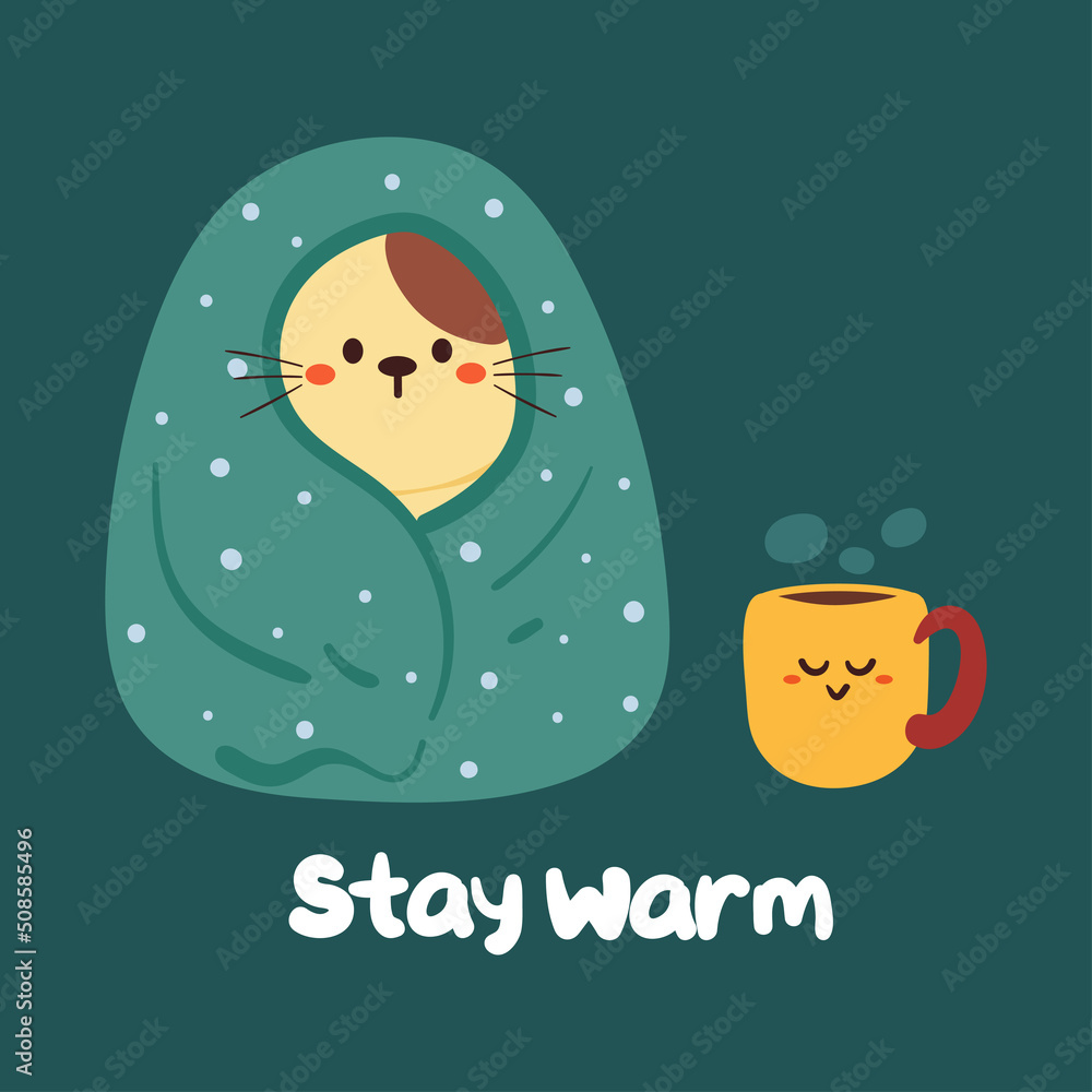 cute cartoon cat in blanket and a cup of tea. cute stay warm background cute cartoon cat in blanket and a cup of tea. cute stay warm background