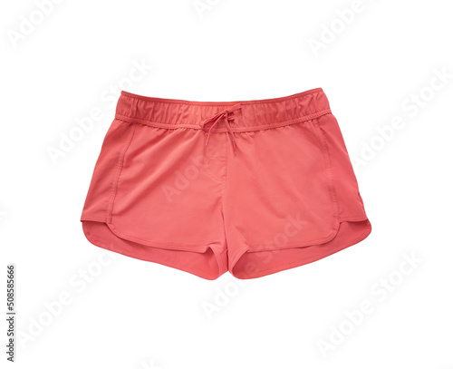 Top view of red sports shorts for beach or running isolated on white background
