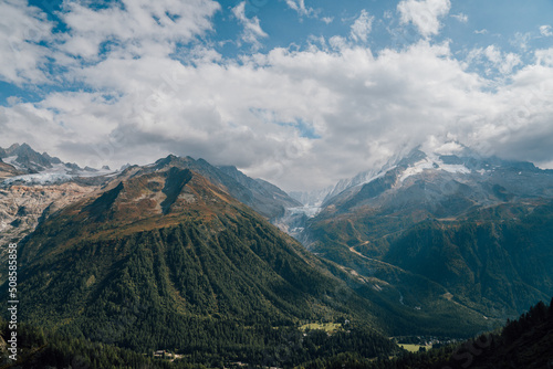 Wide View of Swiss Alp Mountains with Blue Sky and Clouds