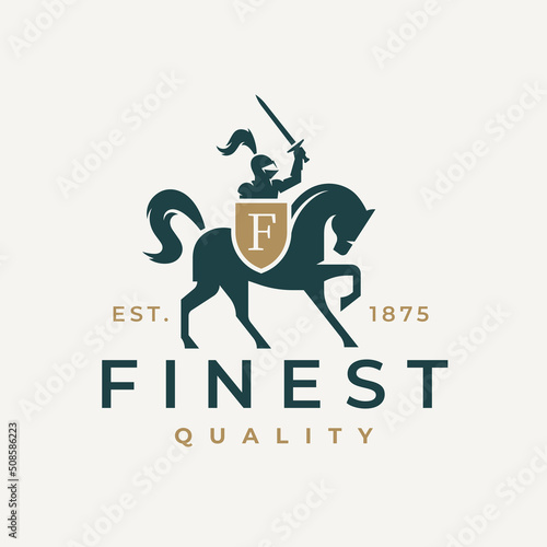 Knight on horse logo emblem. Horseman with sword and monogram shield icon. Medieval armored swordsman on horseback symbol. Finest quality classic corporate brand identity design. Vector illustration.