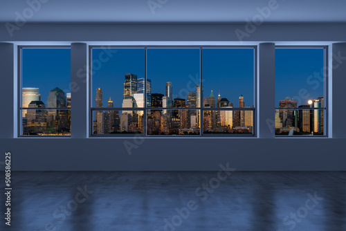 Downtown New York City Lower Manhattan Skyline Buildings. High Floor Window. Beautiful Expensive Real Estate. Empty room Interior Skyscrapers View Cityscape. Financial district. Night. 3d rendering.