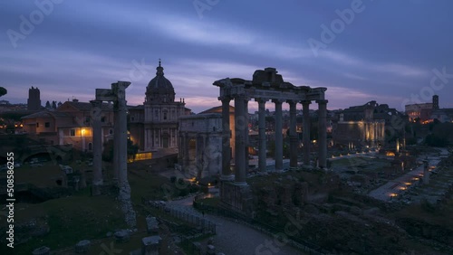 Timelapse of Roman Forum in Rome at sunrise, Lazio, Rome, Italy. photo