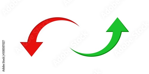 Up down arrow icons. Colored curved arrows. Flat simple red and green arrows isolated on white background. Vector illustration.