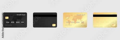 Black and gold credit cards vector mockups isolated on gray background. Flat design credit cards set. Credit card templates design for presentation. Vector illustration.