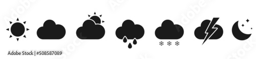 Weather icons set. Collection of meteorology symbols. Weather icons sun and clouds in sky, rain with snow, thunder and lightning. Vector illustration.