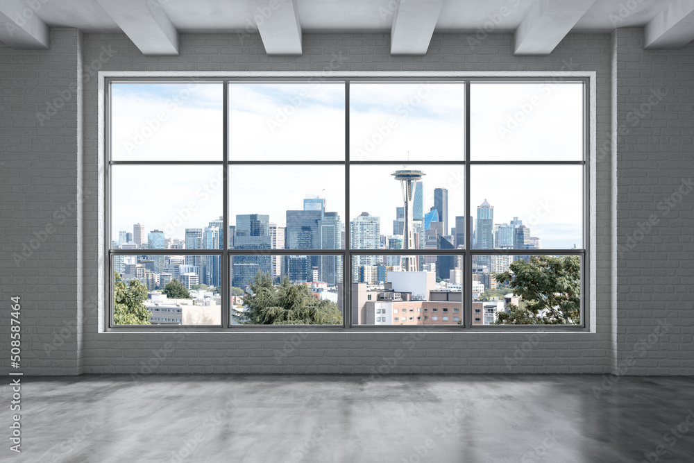 Fototapeta premium Empty room Interior Skyscrapers View. Cityscape Downtown Seattle City Skyline Buildings from High Rise Window. Beautiful Real Estate. Day time. 3d rendering.