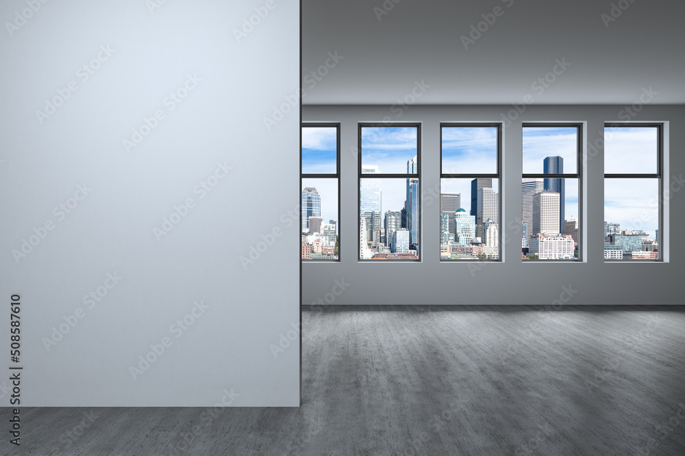 Downtown Seattle City Skyline Buildings from High Rise Window. Beautiful Expensive Real Estate overlooking. Empty room Interior. Mockup wall. Skyscrapers Cityscape. Day. USA. 3d rendering Downtown Seattle City Skyline Buildings from High Rise Window. Beautiful Expensive Real Estate overlooking. Empty room Interior. Mockup wall. Skyscrapers Cityscape. Day. USA. 3d rendering