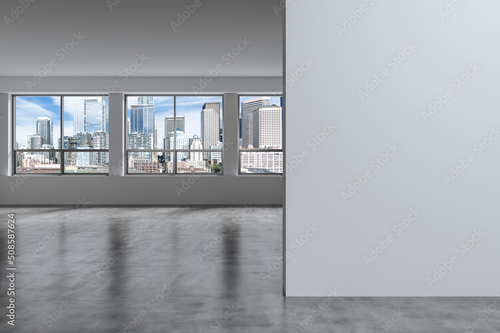 Downtown Seattle City Skyline Buildings from High Rise Window. Beautiful Expensive Real Estate overlooking. Empty room Interior. Mockup wall. Skyscrapers Cityscape. Day. USA. 3d rendering Downtown Seattle City Skyline Buildings from High Rise Window. Beautiful Expensive Real Estate overlooking. Empty room Interior. Mockup wall. Skyscrapers Cityscape. Day. USA. 3d rendering