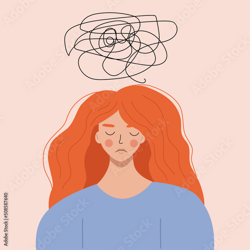 The concept of mental health.Positive thinking as a way of thinking. A house over the girl's head, which symbolizes depressive thoughts. Flat vector illustration