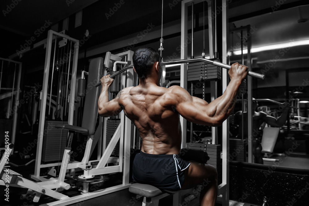 Handsome power athletic bodybuilder training pumping up muscles in gym - obrazy, fototapety, plakaty 
