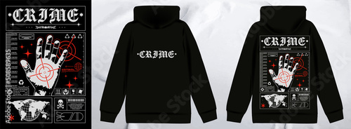 Retrofuturistic poster with hand and crime sights. In Techno style, a trendy print for a T-shirt, hoodie and sweatshirt. isolated on black background