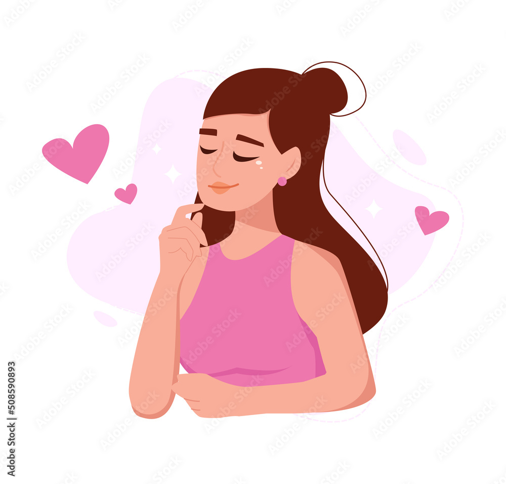 Woman in love. Inspiration concept. Girl daydreaming about love. Female cartoon character. Psychological and physical woman health. Vector illustration. Woman in love. Inspiration concept. Girl daydreaming about love. Female cartoon character. Psychological and physical woman health. Vector illustration.