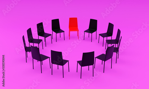 3d illustration, a set of black chairs placed in a circle and a red one, mauve background, business concept, an opinion stands out and prevails, 3d rendering