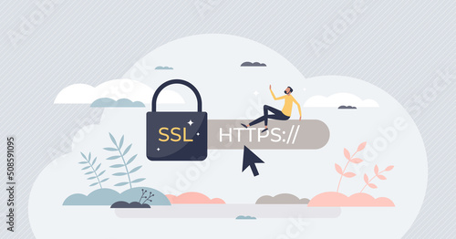 SSL or secure sockets layer as safe network data links tiny person concept. Strong internet safety with HTTPS certificate privacy sign vector illustration. Encryption technology for online browsing. photo