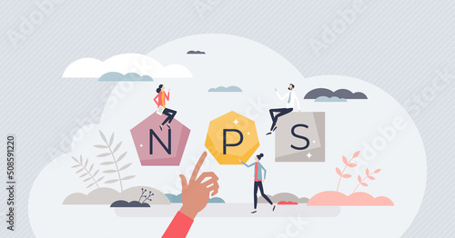 NPS or net promoter score as market research metric tiny person concept. Respondent survey about company recommendation score vector illustration. Feedback and corporate loyalty measurement tool.