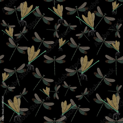 Seamless pattern with dragonfly on black background. Insects illustration for fabric, wallpapers, nursing, paper, books, wraps, kids design, textile. photo