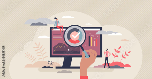 Finance report and stock economy monitoring dashboard tiny person concept. Business forecast chart with money income graphs vector illustration. Market performance research with statistics analysis.