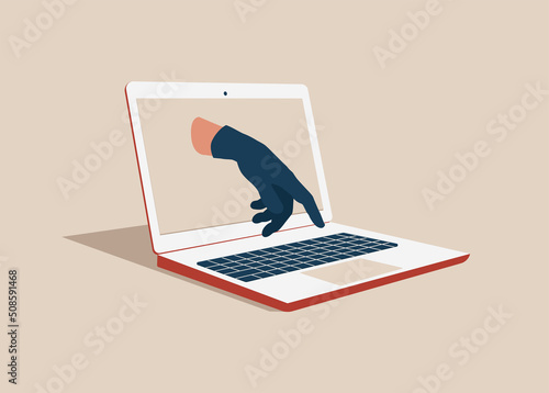 Password breach concept, data stealing. A hand in a black glove typing on a keyboard. photo