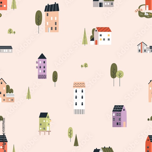 Scandinavian pattern with cute sweet houses. Repeating print with cozy homes ...