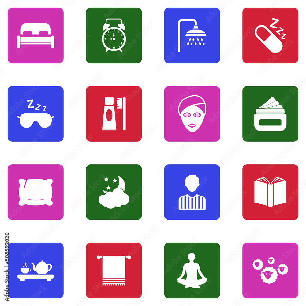 Sleeping Routine Icons. White Flat Design In Square. Vector Illustration. Sleeping Routine Icons. White Flat Design In Square. Vector Illustration.