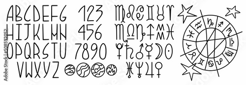 Astro alphabet. Astrological elements, Planet and zodiac signs. Natural elements: earth, water, air, fire. Esoteric lettering design for horoscope and natal chart design. Vector illustration.